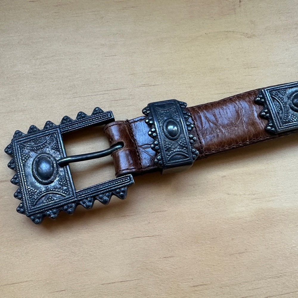 Vintage Brown Leather Belt by Avignon with Ornate Buckle and Decorative Plating